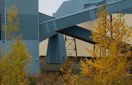 An 'abstract art' view of the galleries between the conveyor decline (hidden on left) and ore storage building (in background), Mount Pleasant mine.