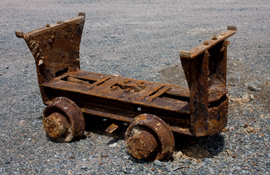 A piece of mining history: base of a vintage ore car (c. 1960s) from the North Zone, Mount Pleasant mine. Salvaged in 2009.