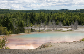 The water treatment settling pond, with eastern corner of the tailings pond in the background.